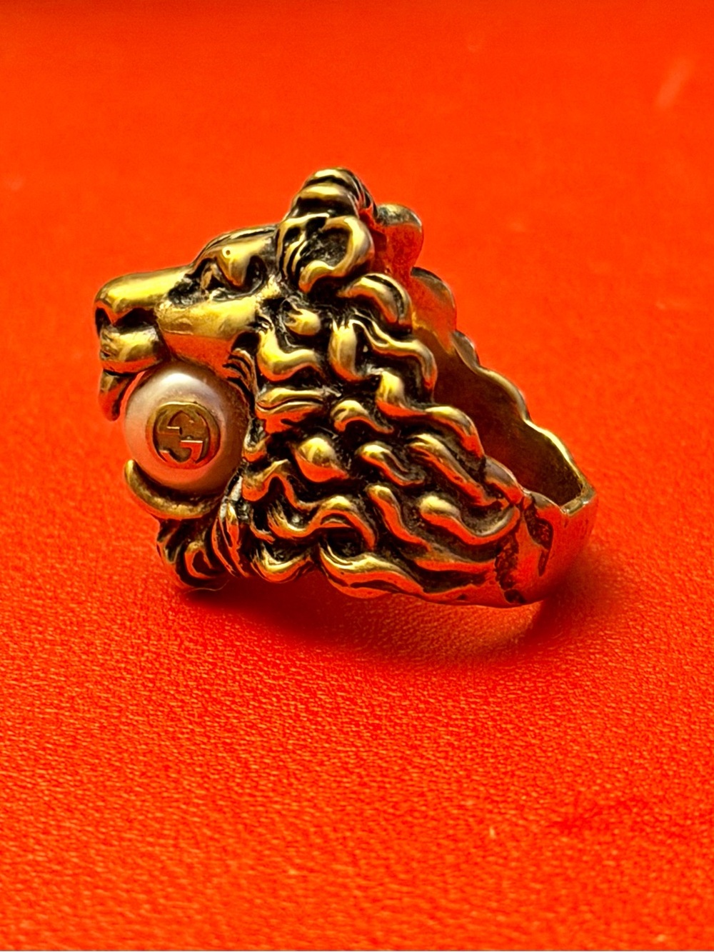 Gucci Gold Lion Head Statement Ring with Pearl Accent - Women Jewelry - Picture 2 of 7